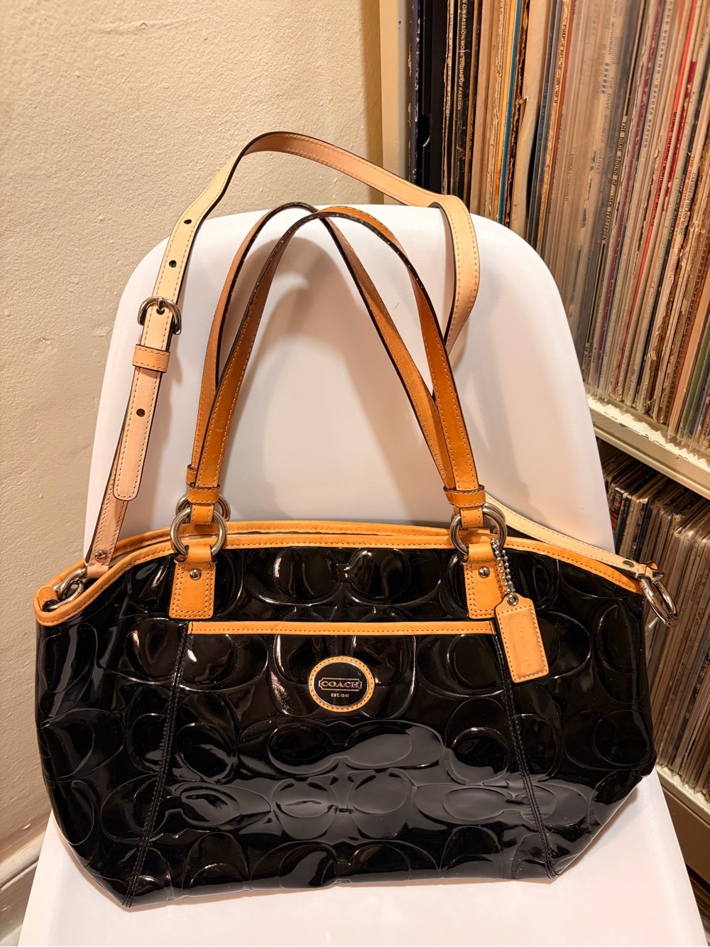 Coach Black Patent Leather Tote with Tan Trim - Picture 7 of 8